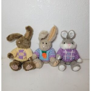 Vtg Chrisha Playful Plush Easter Bunny Rabbits Yellow Sweater Jointed Legs Soft